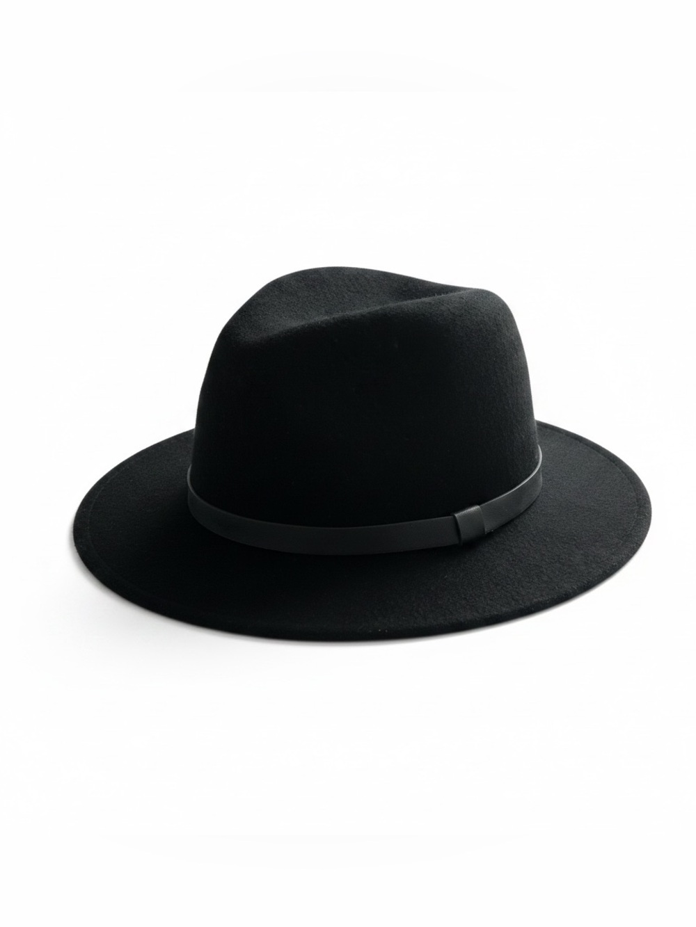 H&M 100% wool black wide brim hat with faux leather band